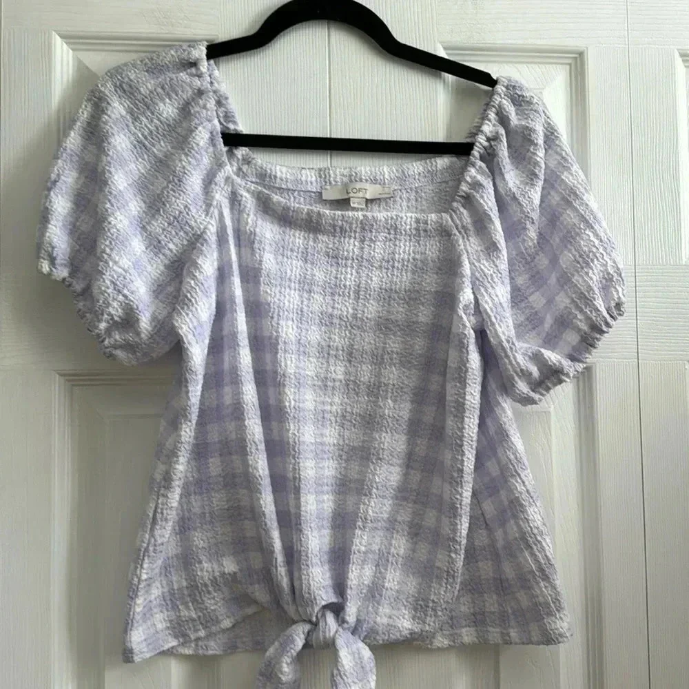 Loft Lavender Gingham off shoulder Tie Knot Puff Sleeve Top Size Petite S
